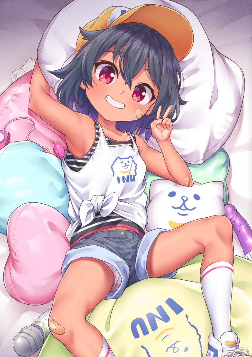 bandaid bandaid_on_face black_hair black_shorts blush clenched_teeth eyebrows_visible_through_hair female hair_between_eyes highres kanabun looking_at_viewer lying on_back original red_eyes shirt short_hair shorts smile solo striped striped_shirt teeth tied_shirt white_shirt yuuki-chan_(kanabun)