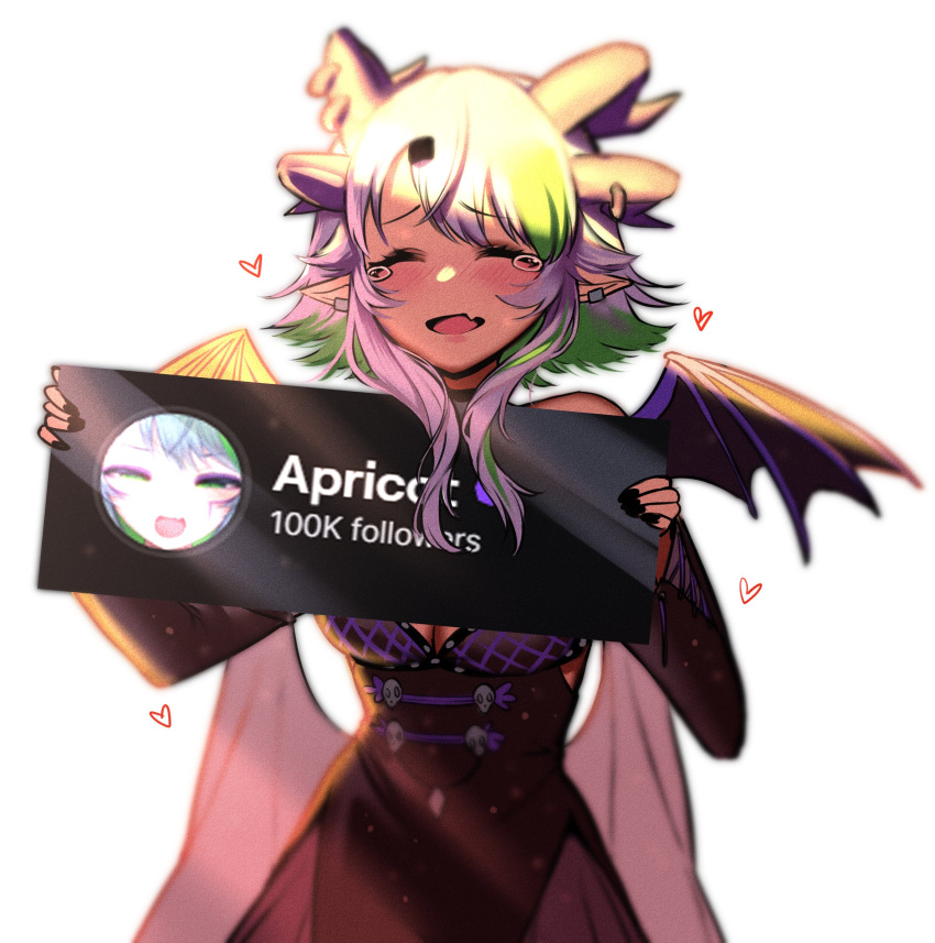 apricot_the_lich apricot_the_lich_(1st_costume) black_nails blue_hair blush breasts bsapricot character_name cleavage closed_eyes crying demon_wings english_commentary female green_hair heart highres holding holding_sign horns medium_breasts milestone_celebration multicolored_hair multiple_horns oerba_yun_fang short_hair short_hair_with_long_locks sign skin_fang skull solo streaked_hair twitch.tv virtual_youtuber vshojo white_background wings