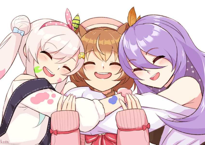 3girls :d airani_iofifteen airani_iofifteen_(1st_costume) animal_ears ayunda_risu ayunda_risu_(1st_costume) blush bow bowtie brown_hair cardigan closed_eyes facing_viewer fingernails grey_hair hair_bun hairband hat hololive hololive_indonesia hug long_hair long_sleeves lutherniel medium_hair moona_hoshinova moona_hoshinova_(1st_costume) multiple_girls nail_polish off-shoulder_shirt off_shoulder one_side_up open_mouth overalls paint_splatter paint_splatter_on_face pink_cardigan pink_headwear pink_nails polka_dot_hairband purple_hair red_bow red_bowtie round_teeth shirt single_side_bun smile squirrel_ears squirrel_girl teeth upper_teeth_only virtual_youtuber white_shirt