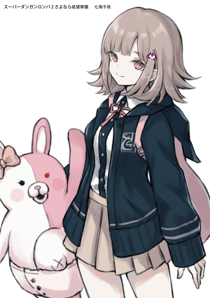 backpack bag bangs beige_skirt blue_jacket buttons commentary cowboy_shot danganronpa female flipped_hair hair_ornament highres hood hood_down hooded_jacket jacket medium_hair monomi_(danganronpa) nanami_chiaki neck_ribbon open_clothes open_jacket pink_bag pink_eyes pink_hair pink_ribbon pleated_skirt ribbon riinougat shirt sidelocks simple_background skirt smile stuffed_animal stuffed_bunny stuffed_toy super_danganronpa_2 white_background white_shirt