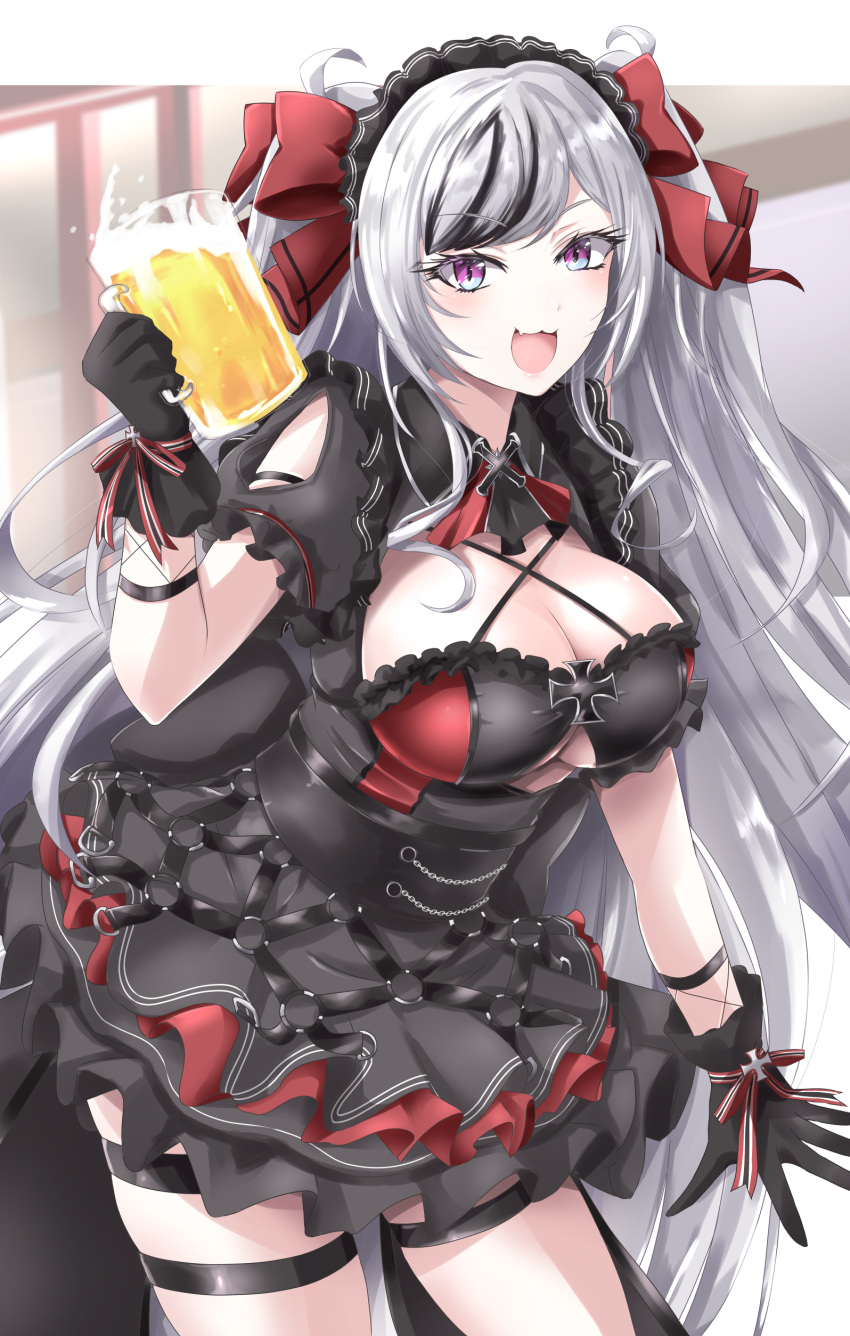 absurdres alcohol azur_lane beer beer_mug black_gloves black_hair breasts cleavage clothing_cutout cowboy_shot cross cup dress elbe_(azur_lane) elbe_(time_to_show_off?)_(azur_lane) female frilled_dress frilled_hairband frills gloves grey_hair gudon_(iukhzl) hair_ribbon hairband highres iron_cross large_breasts layered_dress leaning_forward looking_at_viewer mug multicolored_hair official_alternate_costume open_mouth puffy_short_sleeves puffy_sleeves purple_eyes red_ribbon ribbon short_dress short_sleeves solo standing streaked_hair thigh_strap two-tone_hair underboob_cutout