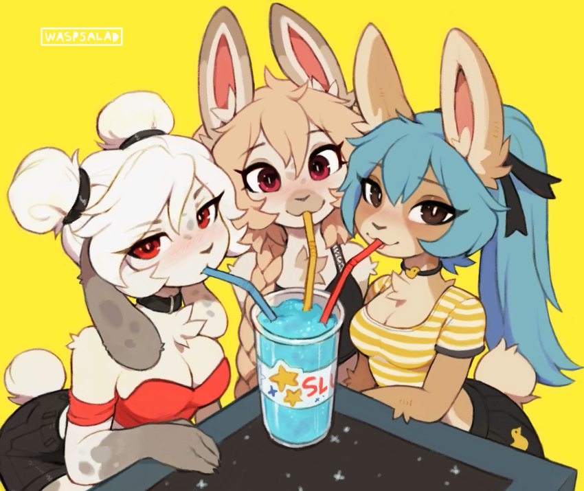 2023 anthro bendy_straw beverage big_breasts blush bottomwear braided_hair braided_ponytail breasts chest_tuft choker cleavage clothed clothing container cup double_bun drinking_straw female floppy_ears fluffy furniture group hair hi_res inner_ear_fluff jewelry lagomorph leporid looking_at_viewer mammal necklace ponytail rabbit sharing_beverage shorts simple_background sitting slushie_(waspsalad) straw_in_mouth table topwear torpor_(waspsalad) trio tuft vivi_(waspsalad) waspsalad