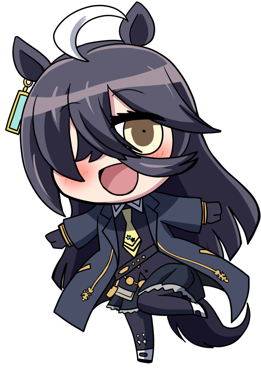 absurdres animal_ears black_coat black_footwear black_gloves black_hair black_skirt brown_eyes chibi coat earrings female full_body gloves gold_trim hair_over_one_eye highres horse_ears horse_girl horse_tail jewelry long_bangs long_hair long_sleeves looking_at_viewer manhattan_cafe_(umamusume) necktie parody riyo_(lyomsnpmp)_(style) simple_background single_earring skirt solo style_parody tail umamusume wakku_kan white_background white_footwear white_hair yellow_necktie