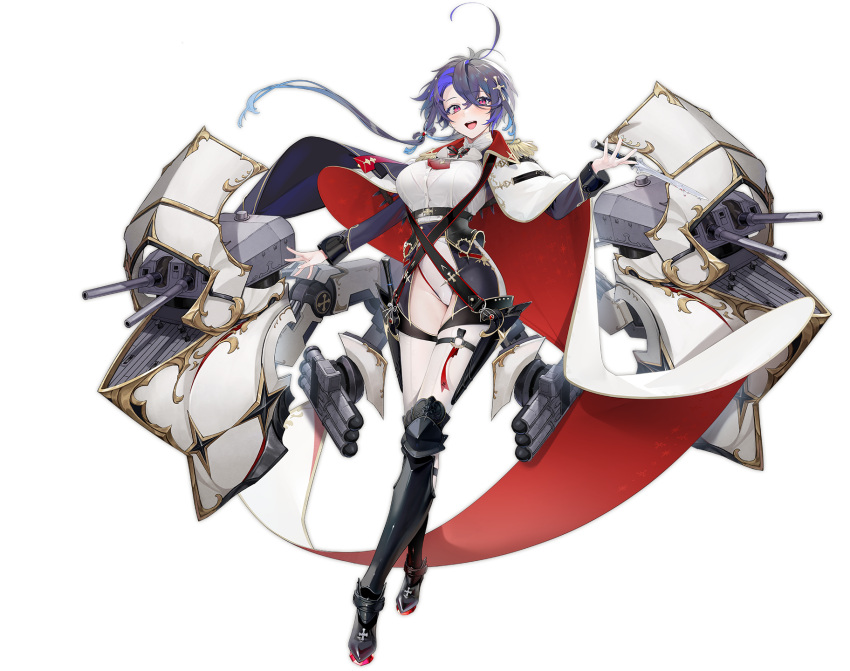 ahoge azur_lane black_footwear blush boots breasts cannon cape clothing_cutout cross_hair_ornament dress_shirt epaulettes female foch_(azur_lane) full_body groin hair_between_eyes hair_ornament hairclip highres holding holding_knife knife large_breasts legs leotard looking_at_viewer machinery medium_hair multicolored_hair official_art ohisashiburi open_mouth pink_eyes purple_hair rigging shirt smile solo standing teeth thigh_cutout torpedo_tubes transparent_background turret upper_teeth_only white_leotard white_shirt