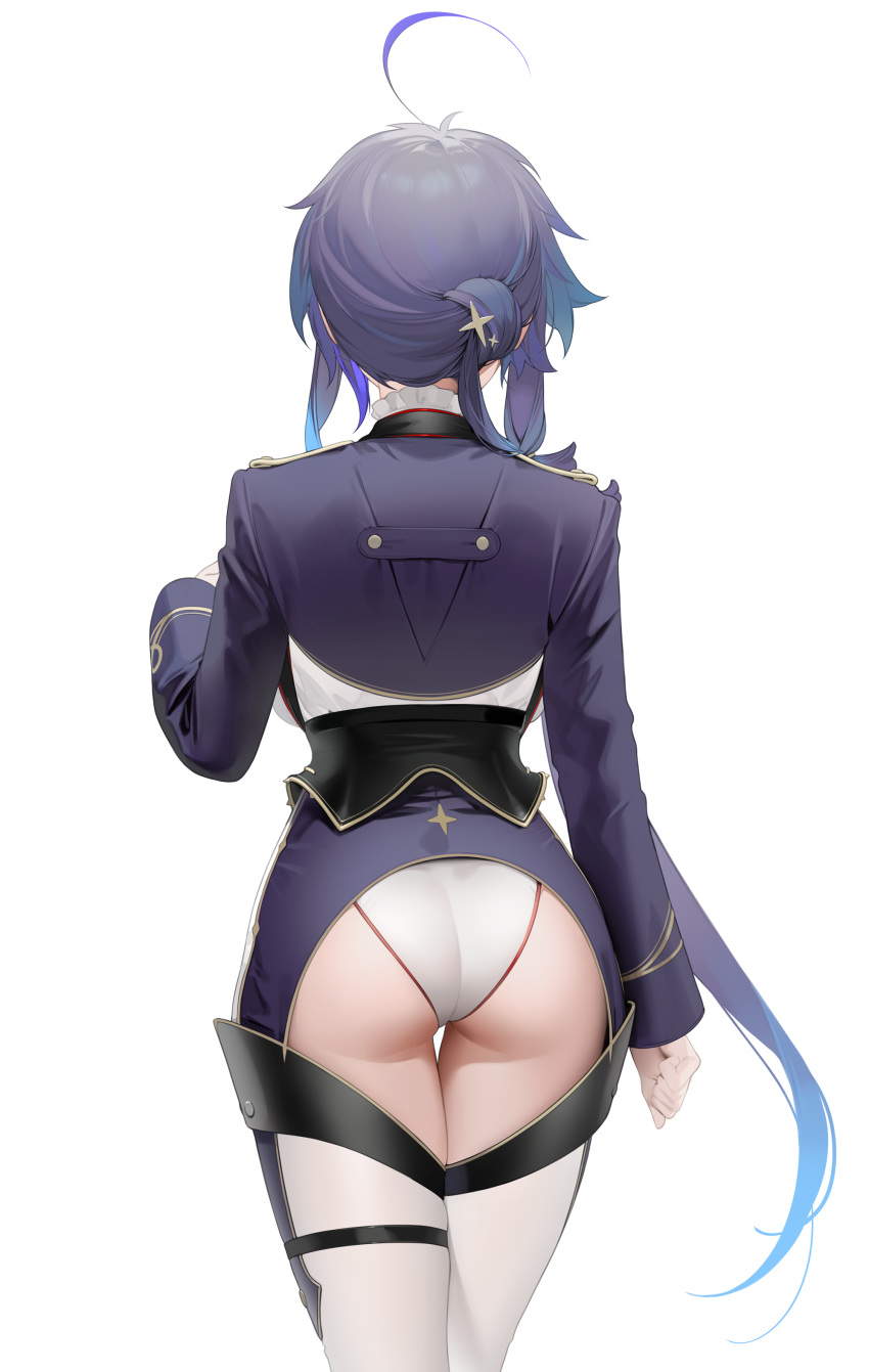 absurdres ahoge ass ass_cutout asymmetrical_hair azur_lane backboob breasts clenched_hand clothing_cutout commentary cowboy_shot female foch_(azur_lane) from_behind gradient_hair highres jacket leotard long_hair long_sleeves military military_uniform multicolored_hair ohisashiburi purple_hair purple_jacket simple_background solo thighhighs tied_hair uniform white_background white_leotard