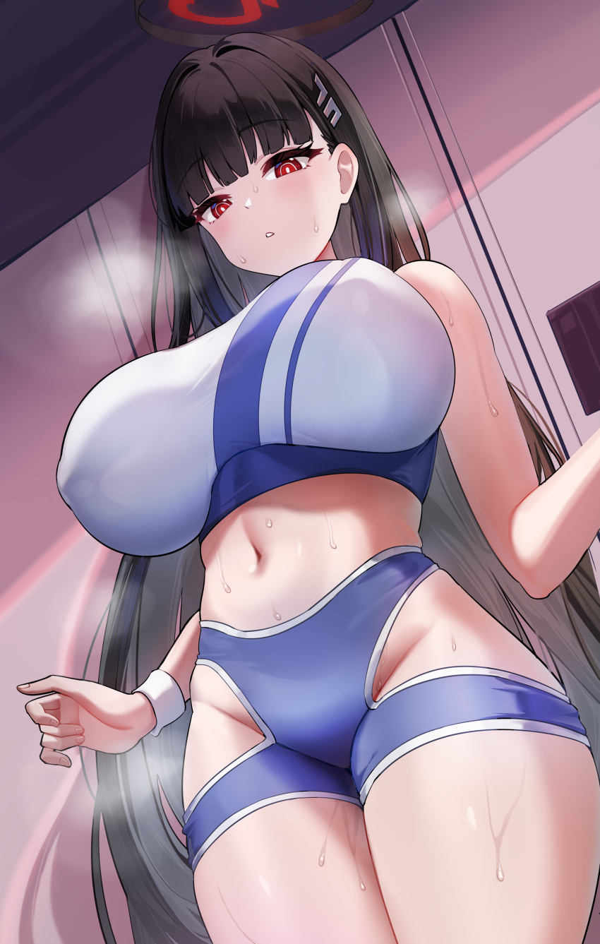 absurdres alternate_costume black_hair blue_archive blush breasts dishui_tangni female from_below groin halo highres hip_vent huge_breasts locker locker_room long_hair looking_down navel red_eyes rio_(blue_archive) solo sports_bra steaming_body stomach sweat two-tone_sports_bra wristband