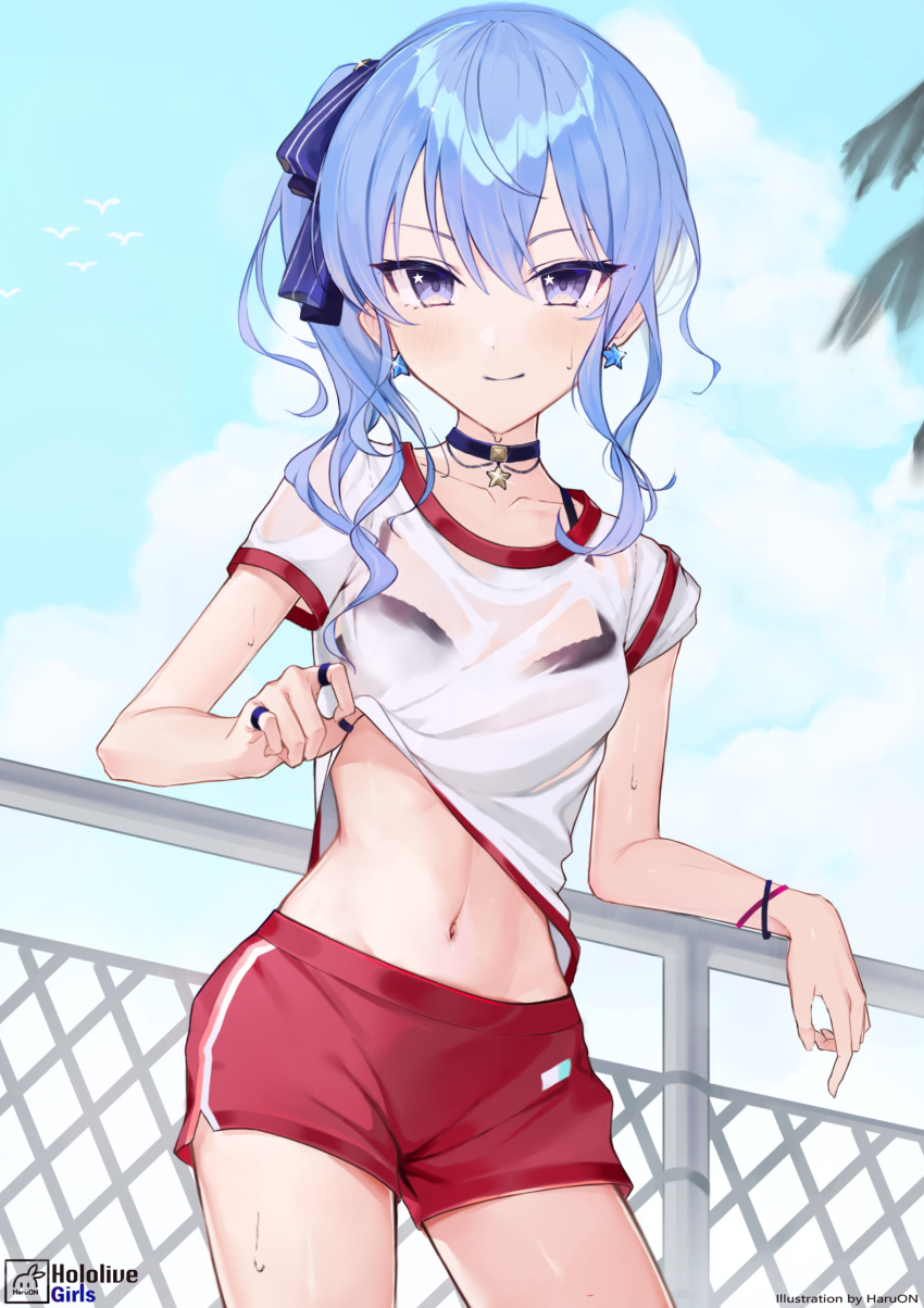 absurdres against_railing bad_id bad_pixiv_id black_bra blue_choker blue_eyes blue_hair blue_ribbon blue_sky bra bra_visible_through_clothes choker closed_mouth clothes_lift commentary_request cowboy_shot earrings female gym_uniform hair_between_eyes hair_ribbon haru_on highres hololive hoshimachi_suisei jewelry lifting_own_clothes long_hair looking_at_viewer multiple_rings navel outdoors railing ribbon ring see-through see-through_shirt shirt shirt_lift side_ponytail sidelocks sky smile solo standing star_(symbol) star_earrings star_in_eye stomach sweat symbol_in_eye underwear virtual_youtuber wet wet_clothes wet_shirt