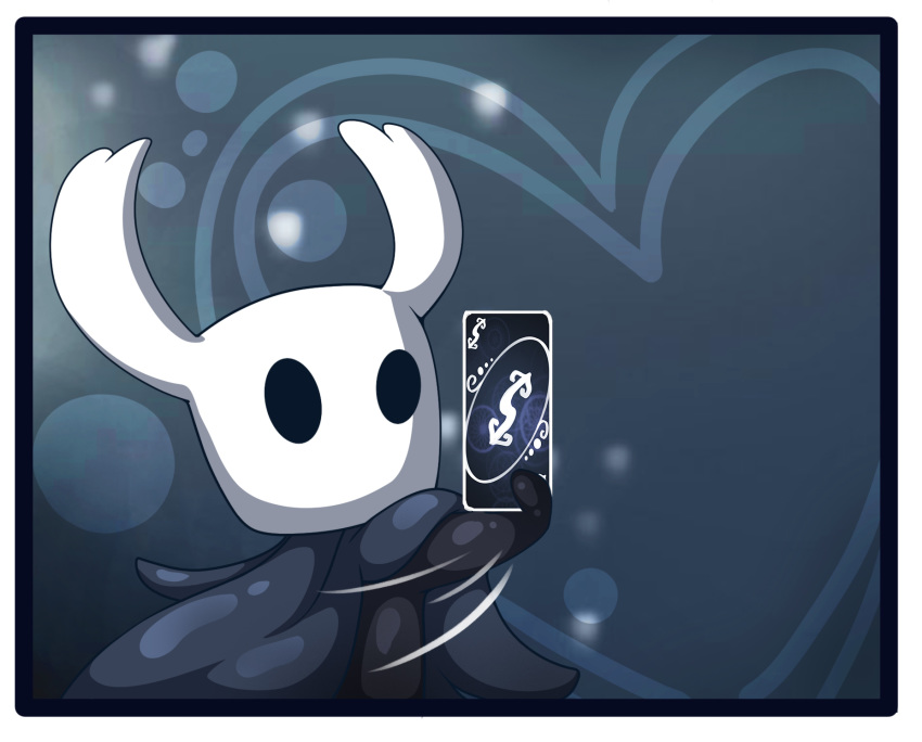 ambiguous_gender animal_humanoid arthropod arthropod_humanoid azura_inalis black_body black_eyes black_skin border cape card card_game clothed clothing empty_eyes featureless_hands gaming hi_res hollow_knight humanoid insect_humanoid insects mouthless reaction_image solo team_cherry the_knight_(hollow_knight) uno vessel_(species) white_border