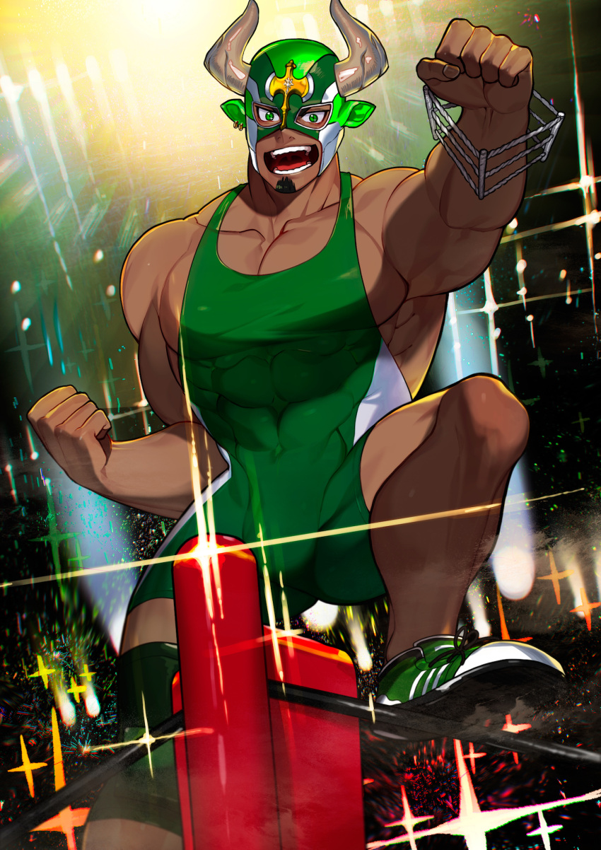 1boy animal_ears bad_id bad_pixiv_id bara bare_arms bare_shoulders black_hair bulge clenched_hands covered_abs covered_navel cow_boy cow_ears cow_horns dark-skinned_male dark_skin facial_hair fake_animal_ears goatee hand_up highres horns ikusaba_daisuke large_pectorals looking_at_viewer male_focus muscular muscular_male pectorals short_hair sidepec singlet sokuse_kienta solo sparkle taurus_mask textless_version thick_thighs thighs tokyo_afterschool_summoners wrestling_mask wrestling_outfit wrestling_ring