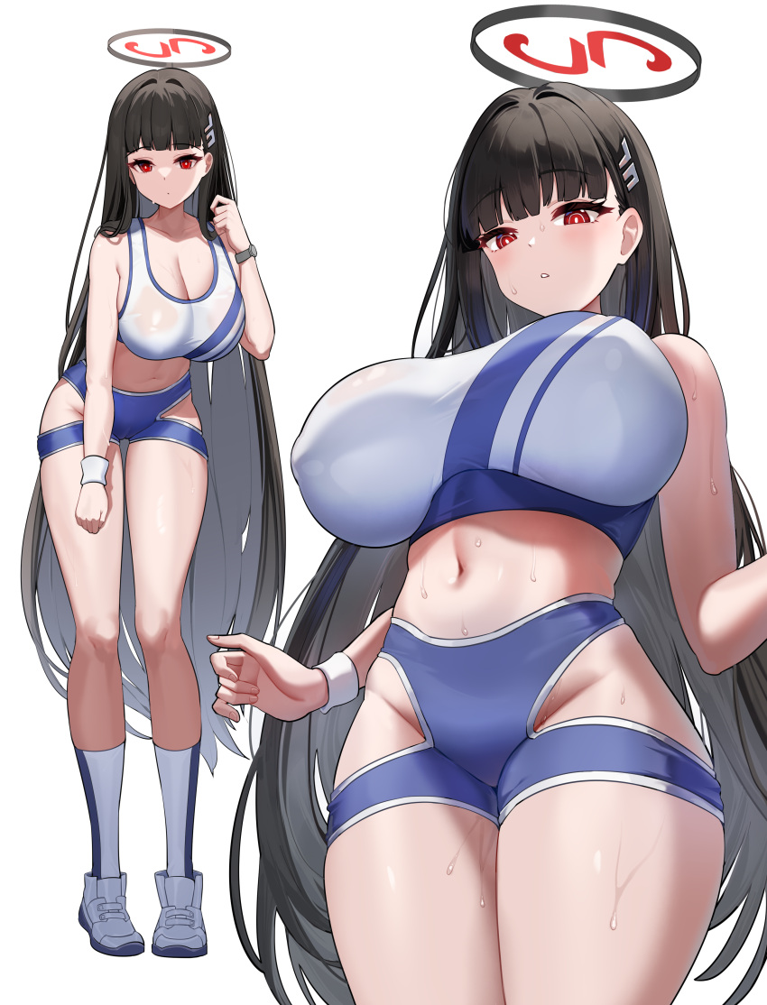 absurdres alternate_costume black_hair blue_archive blush breasts cleavage commentary dishui_tangni female full_body groin halo highres hip_vent huge_breasts long_hair looking_at_viewer looking_down multiple_views navel red_eyes rio_(blue_archive) simple_background sports_bra stomach t-back_spats two-tone_sports_bra white_background