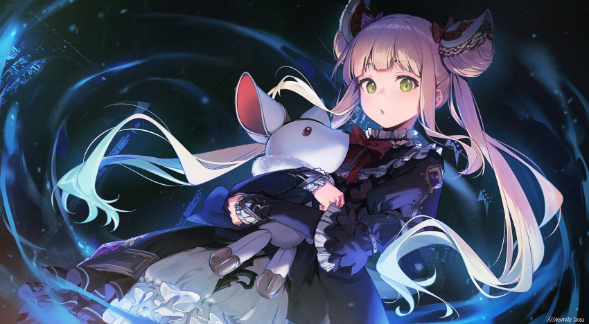 artist_name commentary dark_background double_bun dutch_angle english_commentary female gothic_lolita green_eyes hair_bun hair_ornament highres holding holding_stuffed_toy light_brown_hair lolita_fashion long_hair long_sleeves looking_at_viewer luna_(shadowverse) ninomae_ina'nis_(artist) parted_lips shadowverse solo stuffed_animal stuffed_toy twintails upper_body