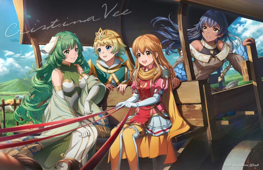 4girls animal armor artist_name athena_(fire_emblem) bare_shoulders black_hair blonde_hair blue_eyes blue_hair blue_sky braid brown_dress brown_eyes cape chariot cloud commentary commission cristina_valenzuela crown_braid dark-skinned_female dark_skin day detached_sleeves dress earrings elbow_gloves english_commentary english_text fire_emblem fire_emblem:_genealogy_of_the_holy_war fire_emblem:_mystery_of_the_emblem fire_emblem:_new_mystery_of_the_emblem fire_emblem_echoes:_shadows_of_valentia fire_emblem_heroes fjorm_(fire_emblem) floating_hair frilled_sleeves frills gloves gradient_hair grass green_dress green_eyes green_hair grin hair_between_eyes hair_ornament highres jewelry kaze-hime lachesis_(fire_emblem) long_hair looking_at_another looking_away miniskirt mountainous_horizon multicolored_hair multiple_girls off_shoulder open_mouth outdoors puffy_short_sleeves puffy_sleeves ribbed_dress sheep short_hair short_sleeves shoulder_armor sidelocks sitting skirt sky sleeveless sleeveless_dress smile tatiana_(fire_emblem) teeth tiara turtleneck two-tone_hair upper_teeth_only very_long_hair voice_actor_connection white_dress white_gloves white_skirt yellow_cape yellow_eyes yellow_legwear