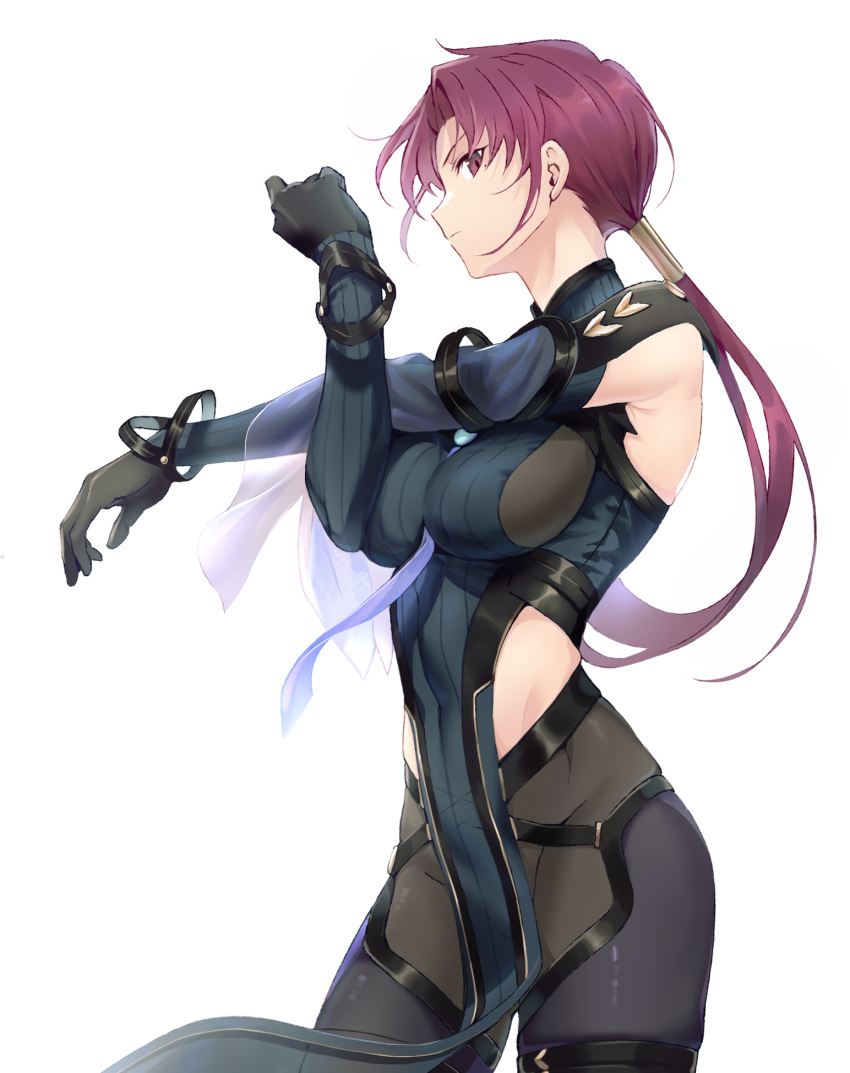 bad_id bad_pixiv_id bazett_fraga_mcremitz between_breasts black_bodysuit black_gloves blue_bodysuit blue_necktie bodysuit breasts closed_mouth commentary fate/grand_order fate/hollow_ataraxia fate_(series) female gloves highres large_breasts long_hair long_sleeves looking_at_viewer low_ponytail manannan_mac_lir_(fate) manannan_mac_lir_(second_ascension)_(fate) mole mole_under_eye necktie necktie_between_breasts okonon_(kado_colda) pelvic_curtain purple_eyes purple_hair simple_background solo two-tone_bodysuit white_background