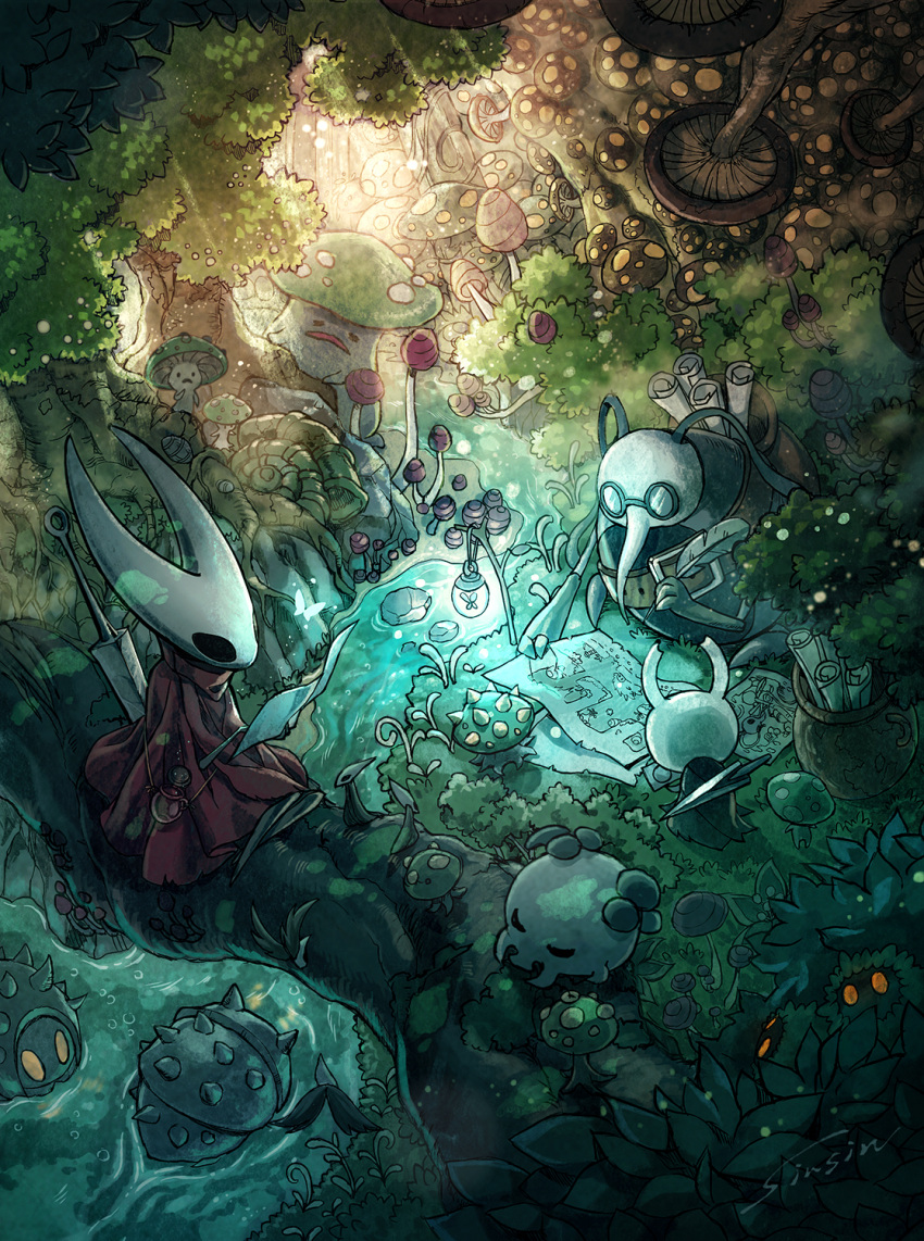 1boy 1other black_cloak bottle cape channeled_nail_(hollow_knight) cloak commentary cornifer feathers female from_behind glasses highres hollow_knight hornet_(hollow_knight) knight_(hollow_knight) long_nose mamoru_mikokoro map mushroom nail_(hollow_knight) nature needle_(hollow_knight) pot red_cloak rock scroll signature sitting spikes sunlight tree water weapon