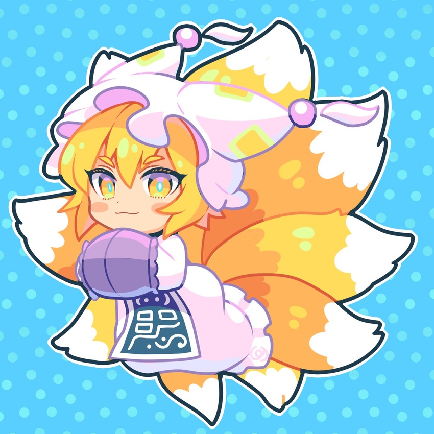 animal_ears blonde_hair blue_background blush_stickers chibi closed_mouth commentary_request dress eyelashes female flying fox_ears fox_tail hair_between_eyes hands_up hat highres long_sleeves looking_at_viewer mob_cap multiple_tails ofuda ofuda_on_clothes own_hands_together pmx polka_dot polka_dot_background short_hair smile solo tabard tail touhou v-shaped_eyebrows white_dress white_hat wide_sleeves yakumo_ran yellow_eyes