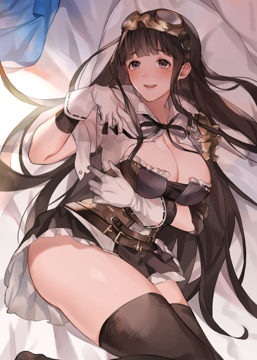 :d belt black_eyes black_hair black_thighhighs blush breasts cleavage female gloves goggles goggles_on_head granblue_fantasy highres jessica_(granblue_fantasy) large_breasts long_hair looking_at_viewer lying multiple_belts muunai on_side open_mouth paid_reward patreon_reward smile solo thighhighs thighs very_long_hair white_gloves