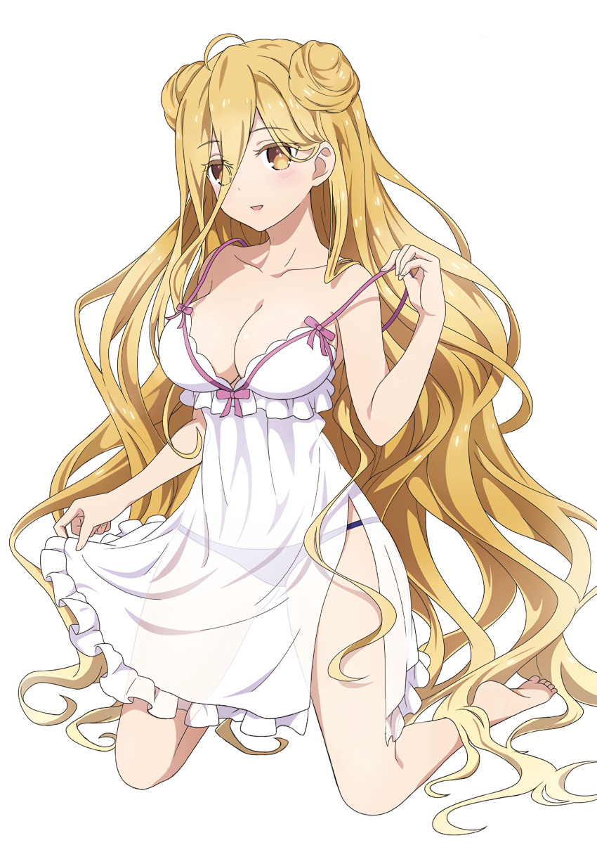 absurdres bare_shoulders breasts cleavage collarbone date_a_live dress dyantocialong empire_waist female frilled_dress frills high-waist_dress highres hoshimiya_mukuro large_breasts long_hair looking_at_viewer ribbon sleeveless white_dress