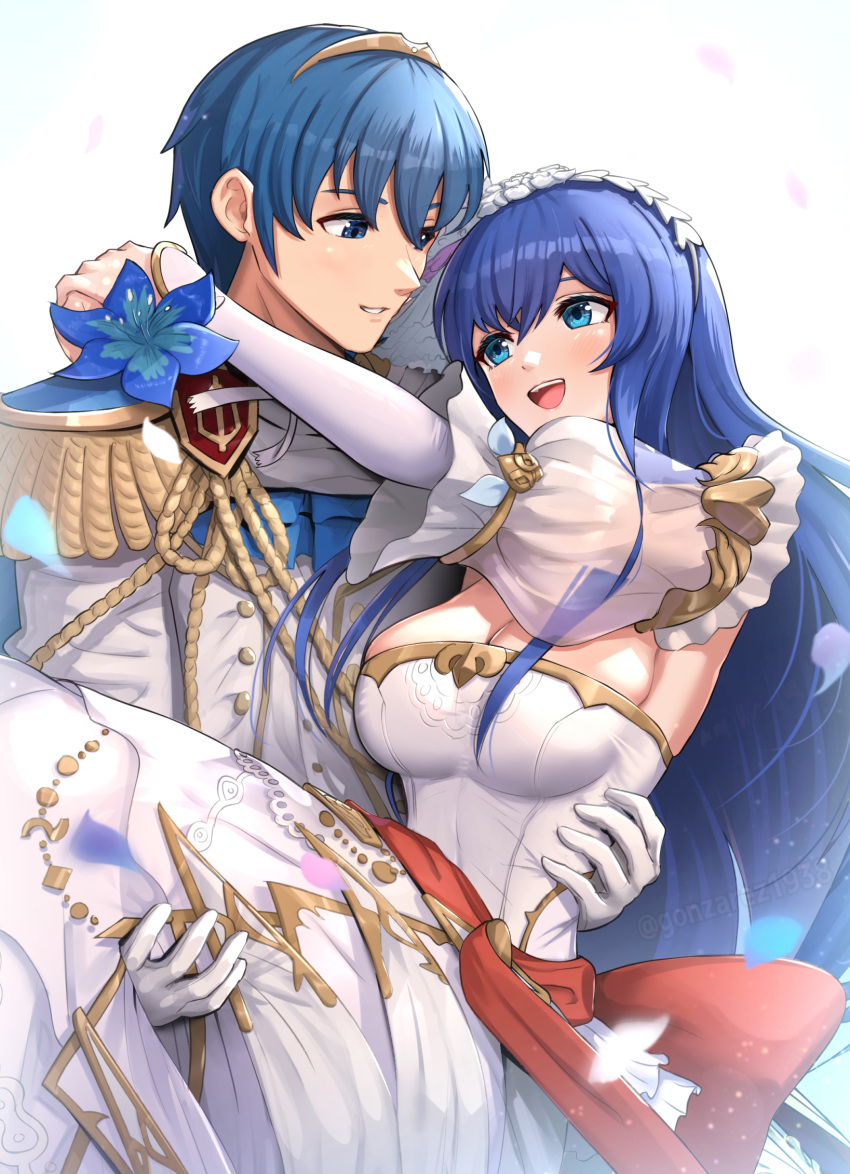 1boy blue_eyes blue_hair breasts bride caeda_(bridal)_(fire_emblem) caeda_(fire_emblem) carrying carrying_person cleavage detached_sleeves dress female fire_emblem fire_emblem:_mystery_of_the_emblem fire_emblem_heroes gloves gonzarez groom highres husband_and_wife long_hair looking_at_another marth_(fire_emblem) marth_(groom)_(fire_emblem) medium_breasts official_alternate_costume princess_carry red_sash sash see-through see-through_sleeves smile teeth upper_body upper_teeth_only wedding_dress white_background white_dress white_gloves