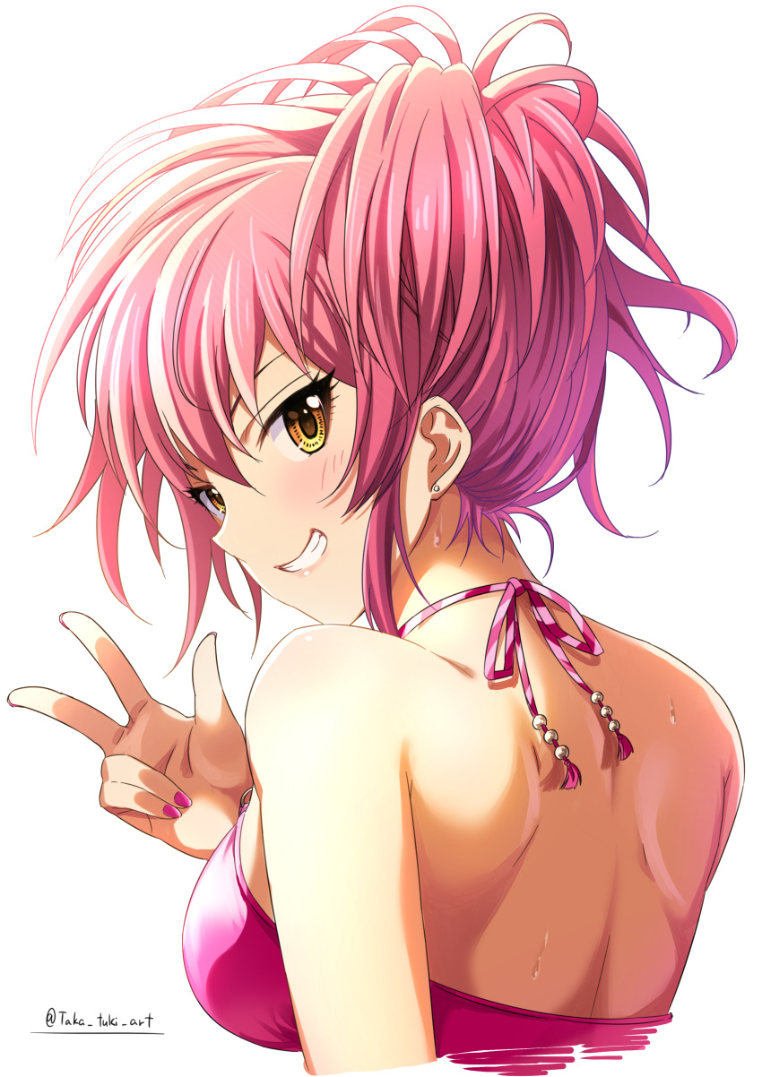 absurdres artist_name back bare_shoulders blush breasts earrings female highres idolmaster idolmaster_cinderella_girls jewelry jougasaki_mika long_hair looking_at_viewer looking_back pink_hair pink_nails pink_tank_top smile solo takatsuki_p tank_top white_background yellow_eyes