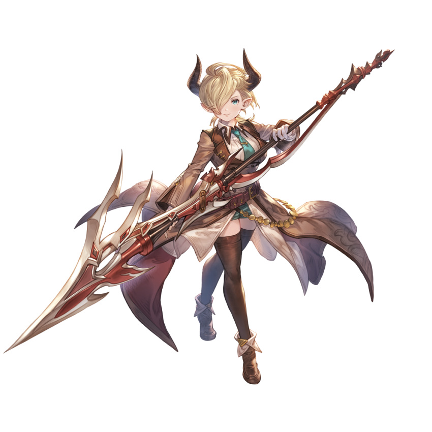 belt belt_pouch blonde_hair breasts brown_coat brown_footwear brown_thighhighs buckle buttons closed_mouth coat collared_shirt crossed_legs draph female fold-over_boots full_body gloves granblue_fantasy green_eyes green_necktie green_shorts hair_over_one_eye holding holding_weapon horns laguna_(granblue_fantasy) long_sleeves medium_breasts minaba_hideo necktie official_art one_eye_covered pointy_ears pouch shirt short_hair short_shorts shorts simple_background single_glove smile solo standing thighhighs third-party_source tiptoes transparent_background weapon white_gloves white_shirt