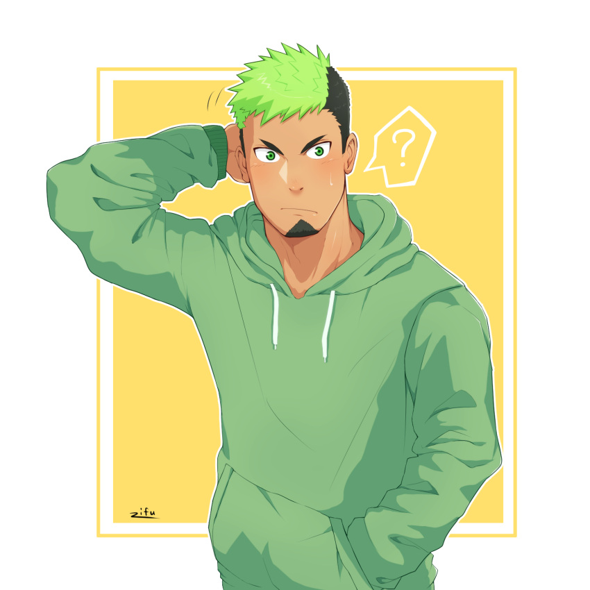 1boy ? alternate_costume arm_behind_head black_hair blush casual dark-skinned_male dark_skin facial_hair goatee green_eyes green_hair green_hoodie highres hood hoodie ikusaba_daisuke looking_at_viewer male_focus multicolored_hair short_hair solo spoken_question_mark sweatdrop tokyo_afterschool_summoners two-tone_hair upper_body zifu