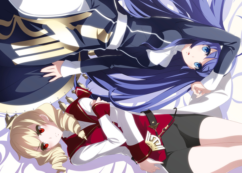 2girls ahoge bike_shorts blonde_hair blue_eyes blue_hair blush breasts cape dress drill_hair erika_wagner hairband highres long_hair looking_at_viewer lying medium_breasts multiple_girls official_art on_back open_mouth orie_ballardiae_harada red_eyes twin_drills twintails under_night_in-birth under_night_in-birth_exe:late[st] very_long_hair white_hairband yoshihara_seiichi