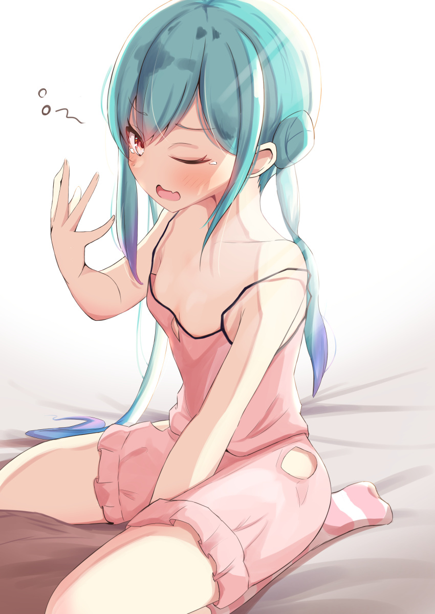 absurdres alternate_costume aqua_hair asymmetrical_hair babydoll batarop blush breasts double_bun female full_body gradient_hair hair_bun highres hololive long_hair looking_at_viewer loungewear low_twintails multicolored_hair oerba_yun_fang on_bed one_eye_closed open_mouth pajamas pink_babydoll pink_shorts pink_socks red_eyes seiza shorts simple_background sitting skin_fang small_breasts socks solo strap_slip striped_clothes striped_socks twintails twitter_username uruha_rushia virtual_youtuber waking_up white_background yawning