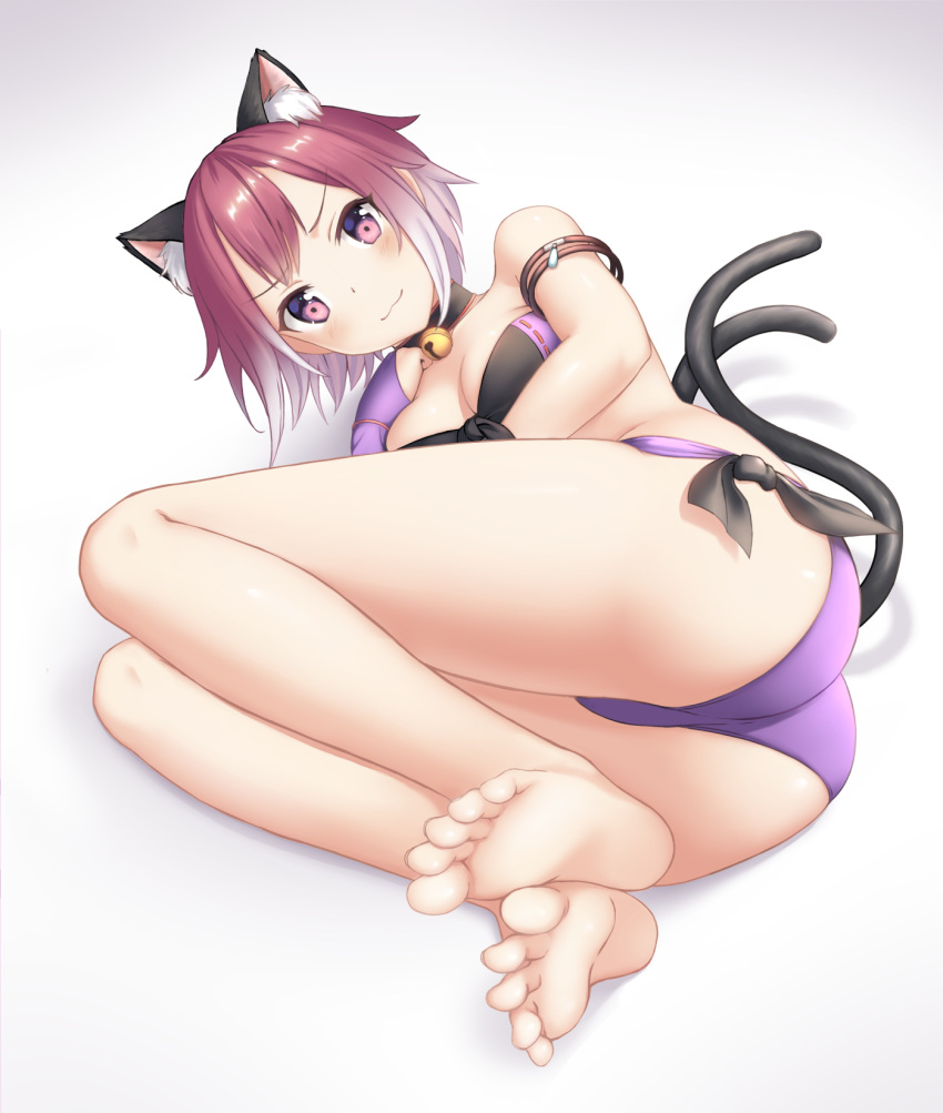 :3 animal_ear_fluff animal_ears ass barefoot bell bikini blush breasts cat_ears cat_girl cat_tail cementite closed_mouth commentary feet female full_body gradient highres jingle_bell looking_at_viewer lying medium_breasts multiple_tails neck_bell nekomata official_alternate_costume on_side princess_connect! purple_bikini purple_hair short_hair simple_background soles solo swimsuit tail tamaki_(princess_connect!) tamaki_(summer)_(princess_connect!) toes underwear white_background white_hair