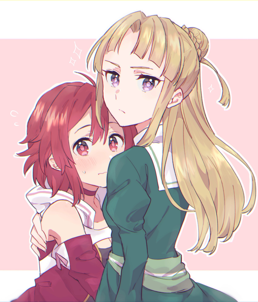 2girls absurdres ahoge blush braid brown_hair closed_mouth commentary_request detached_sleeves dress flying_sweatdrops green_dress hair_between_eyes hair_bun highres izetta juliet_sleeves long_hair long_sleeves multiple_girls ortfine_fredericka_von_eylstadt outline parted_bangs pink_background puffy_sleeves purple_eyes red_dress red_eyes red_hair red_sleeves sailor_collar sailor_dress shuumatsu_no_izetta single_hair_bun sleeveless sleeveless_dress sorimachi-doufu sparkle sweat two-tone_background very_long_hair wavy_mouth white_background white_outline white_sailor_collar yuri