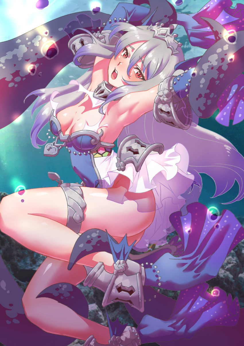 absurdres armpits ass_visible_through_thighs breasts bubble duel_monster female full_body grey_hair hands_up highres kikuta_kouichi long_hair open_mouth red_eyes sleeves_past_wrists solo tearlaments_scheiren teeth tentacle tentacle_grab thighlet tiara torn_clothes two_side_up upper_teeth_only water yu-gi-oh!