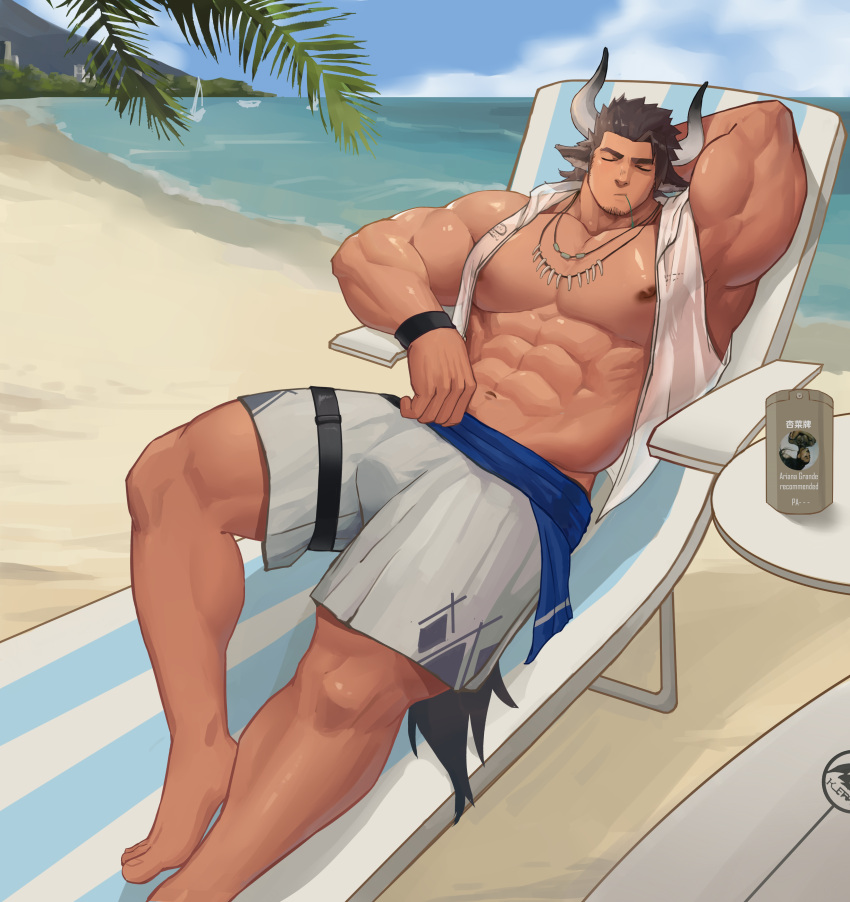 1boy abs absurdres animal_ears arknights bara bare_pectorals beach brown_hair bulge cow_boy cow_ears cow_horns facial_hair highres horns large_pectorals lying male_focus male_swimwear matterhorn_(arknights) matterhorn_(beach_guard)_(arknights) medium_hair muscular muscular_male navel nipples official_alternate_costume on_back outdoors pectorals see-through shirt shorts sleeveless sleeveless_shirt solo stomach stubble swim_trunks thick_thighs thighs white_shirt white_shorts xianyusamuel