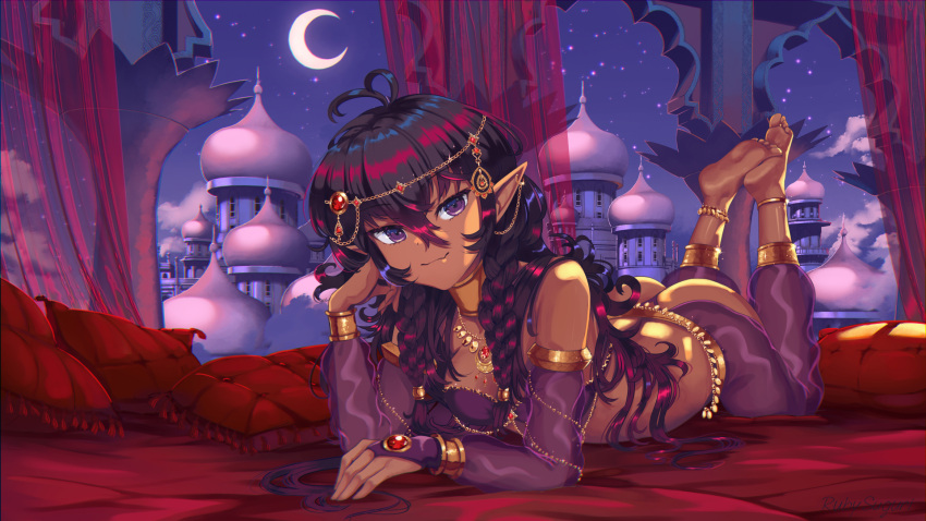 ahoge arabian_clothes ass barefoot black_hair bridal_gauntlets commentary_request crescent_moon dark-skinned_female dark_skin dome elbow_gloves elf feet_up female gloves harem_pants highres indie_virtual_youtuber kamilia_akari legs_up long_hair lying middle_eastern_architecture moon night night_sky on_stomach pants pointy_ears purple_eyes purple_gloves ruby_suguri sky soles solo star_(sky) starry_sky the_pose virtual_youtuber