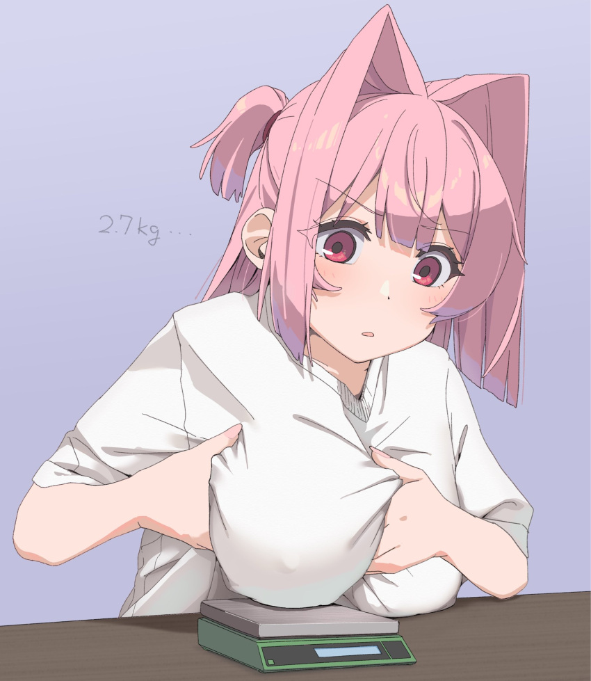 breast_hold breast_rest breasts breasts_on_table collarbone covered_nipples dot_nose eyes_visible_through_hair female grabbing_own_breast hair_intakes highres large_breasts miton-chan_(miton_(turuyasann)) miton_(turuyasann) open_mouth original pink_hair purple_background red_eyes shirt short_ponytail simple_background sleeves_rolled_up solo table weighing_breasts weighing_scale weight weight_machine white_shirt