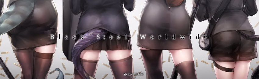 4girls arknights ass asymmetrical_legwear bag black_dress black_shirt black_skirt blacksteel_worldwide_(arknights) brown_legwear brown_shorts cartridge cat_tail commentary_request copyright_name dragon_tail dress english_text franka_(arknights) frills from_behind head_out_of_frame highres ink. jessica_(arknights) liskarm_(arknights) miniskirt multiple_girls pantyhose pleated_skirt shirt shorts shoulder_bag simple_background skirt tail thigh_strap thighhighs vanilla_(arknights)