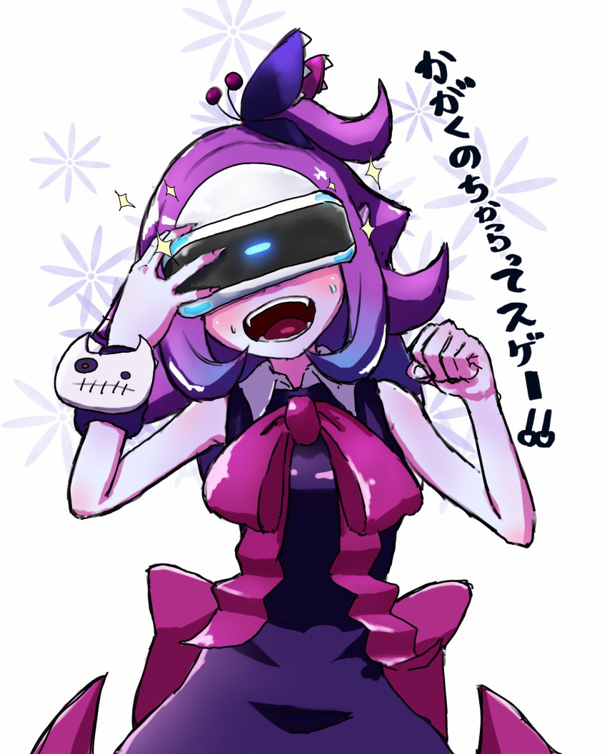 blush bow commentary demon_girl dress fangs female floral_background head-mounted_display highres musume_(yuunama) playstation_vr purple_dress purple_nails sleeveless smile sparkle sweat sweatdrop translated v_yuusha_no_kuse_ni_namaiki_da_r yuusha_no_kuse_ni_namaiki_da yuzumikan121