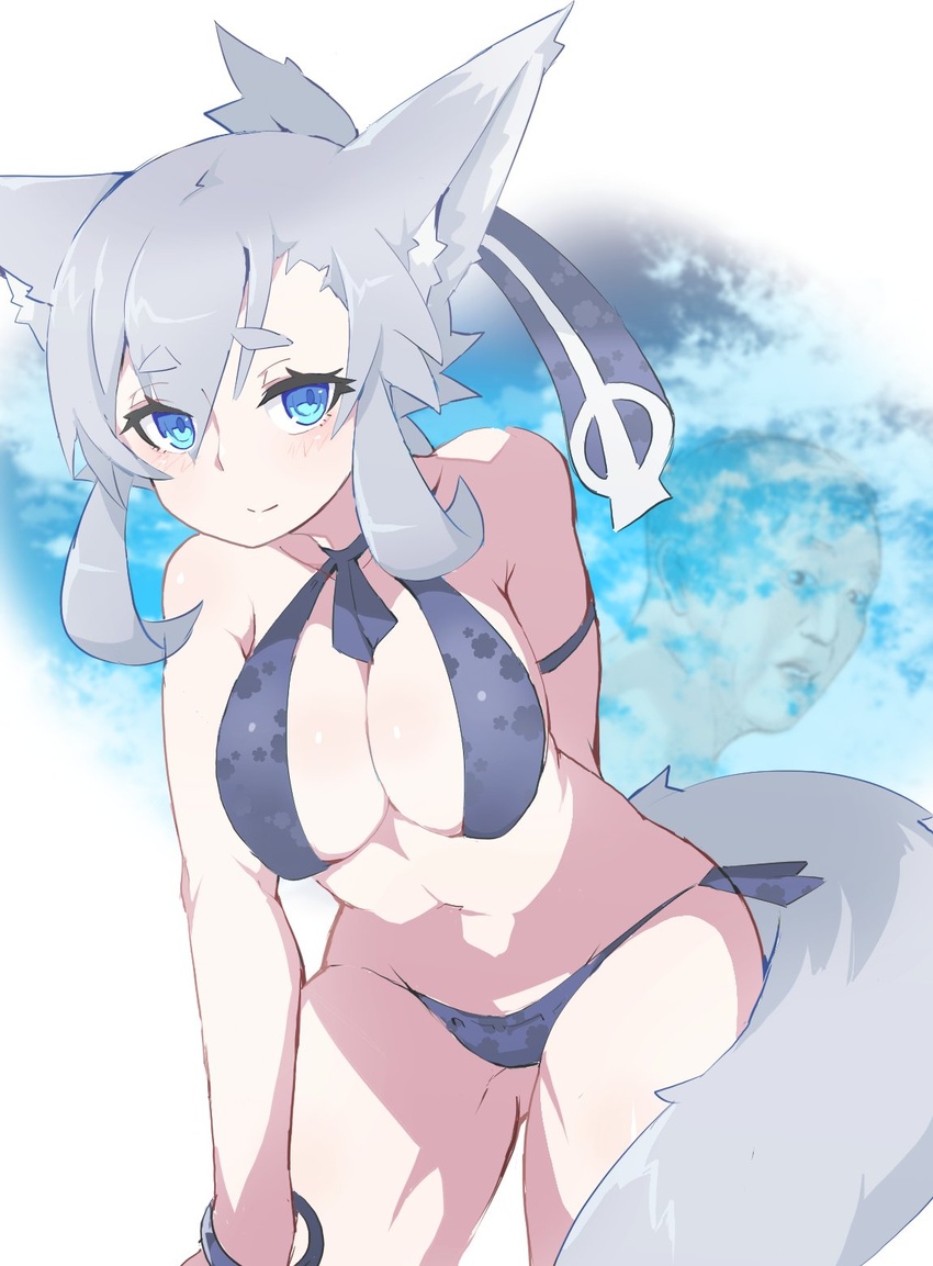 animal_ears armband ass_visible_through_thighs bad_id bad_twitter_id bare_shoulders bikini blue_bikini blue_eyes blush breasts closed_mouth cowboy_shot female folded_ponytail fox_ears fox_tail highres inukaze_yamu large_breasts leaning_forward looking_at_viewer old old_man original shishimanako_hareko smile solo swimsuit tail when_you_see_it wristband