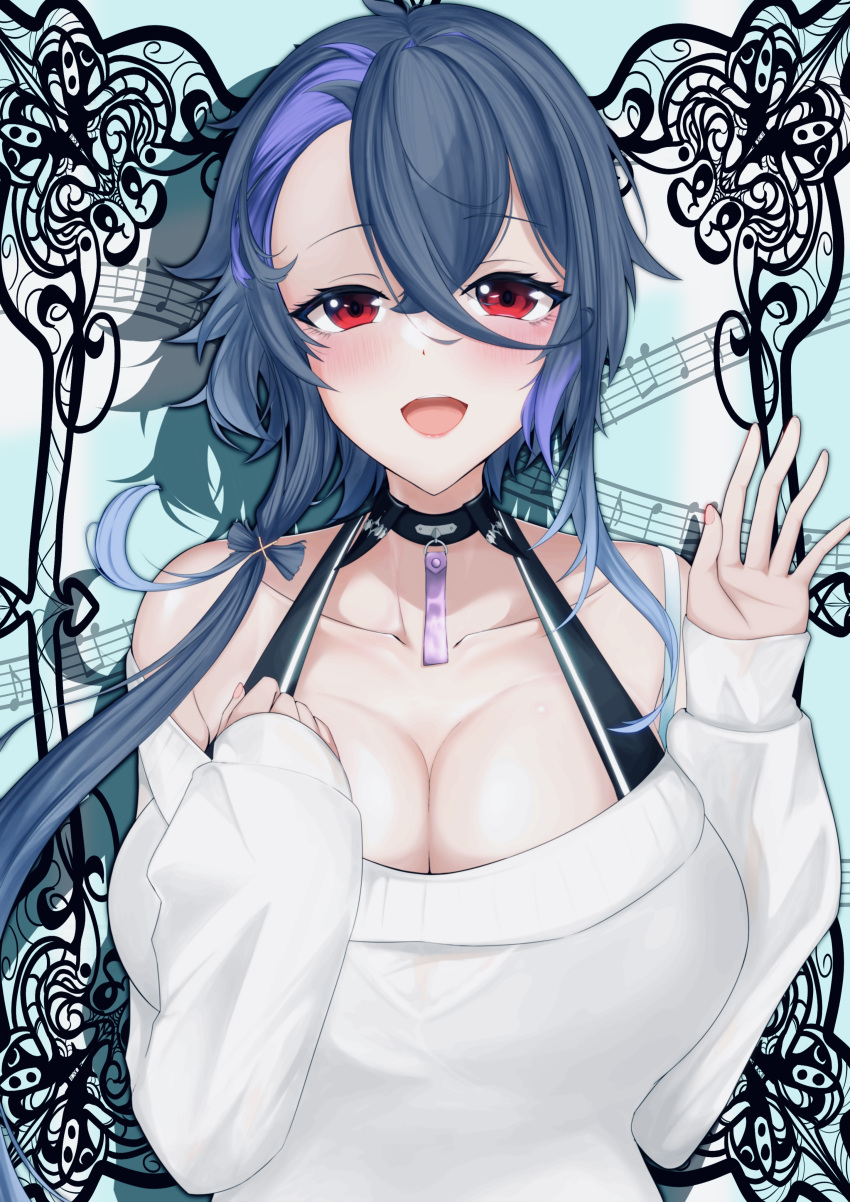 absurdres azur_lane bare_shoulders black_choker blue_hair breasts choker cleavage female foch_(azur_lane) foch_(rainbow_rendezvous)_(azur_lane) highres huge_breasts multicolored_hair musical_note off-shoulder_sweater off_shoulder official_alternate_costume open_mouth purple_hair red_eyes sheet_music short_hair_with_long_locks solo sweater two-tone_hair upper_body ville87804 white_sweater