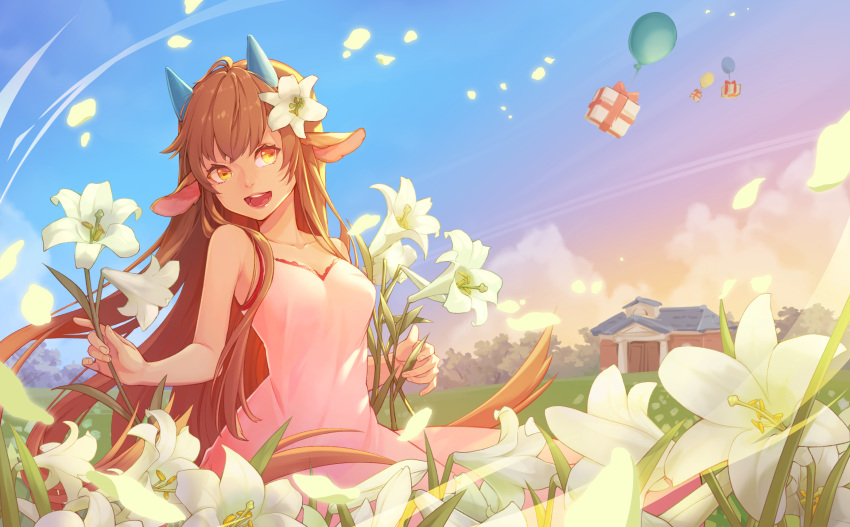 animal_crossing animal_ears baabara_(animal_crossing) balloon breasts brown_hair cleavage cloud dress female flower gift goat_ears goat_horns grass hair_flower hair_ornament highres horns humanization leaf long_hair open_mouth outdoors petals puchu_huang sitting sky solo teeth tree very_long_hair yellow_eyes