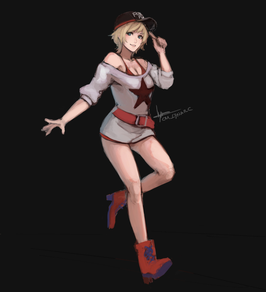 alice_garnet_nakata bare_shoulders baseball_cap blonde_hair blue_eyes bra bra_strap cm_lynarc collarbone fatal_fury_cap female hat highres legs looking_at_viewer nape off-shoulder_shirt off_shoulder red_bra red_footwear red_shorts shirt short_hair short_shorts shorts solo standing t-shirt the_king_of_fighters the_king_of_fighters_xiv underwear white_shirt