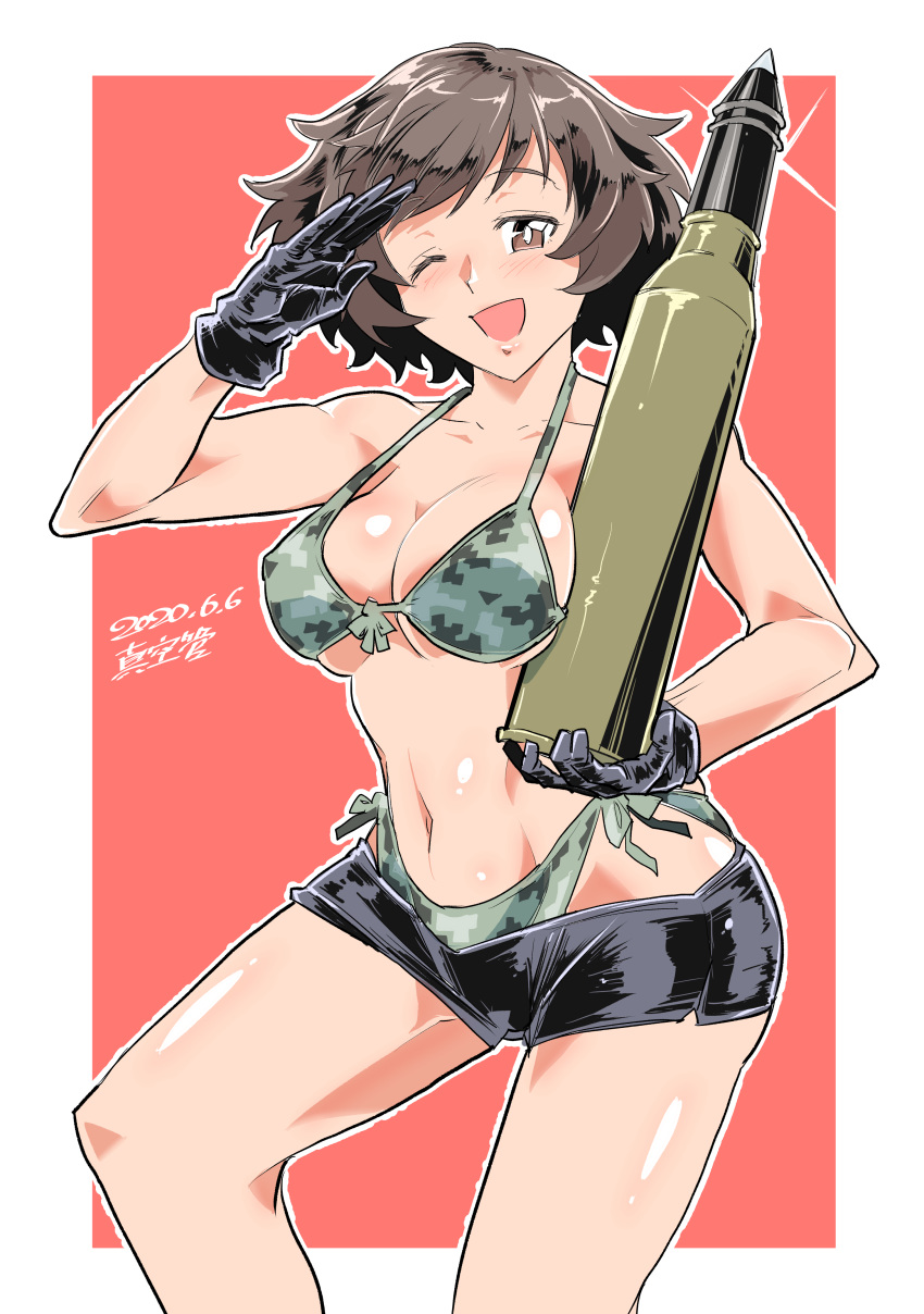 absurdres akiyama_yukari bikini black_gloves border breasts brown_eyes brown_hair camouflage camouflage_bikini cleavage cowboy_shot dated female girls_und_panzer gloves highres holding holding_shell large_breasts messy_hair navel one_eye_closed pink_background salute shell shinkuukan_(tetsuo3) short_hair short_shorts shorts signature solo swimsuit tank_shell white_border