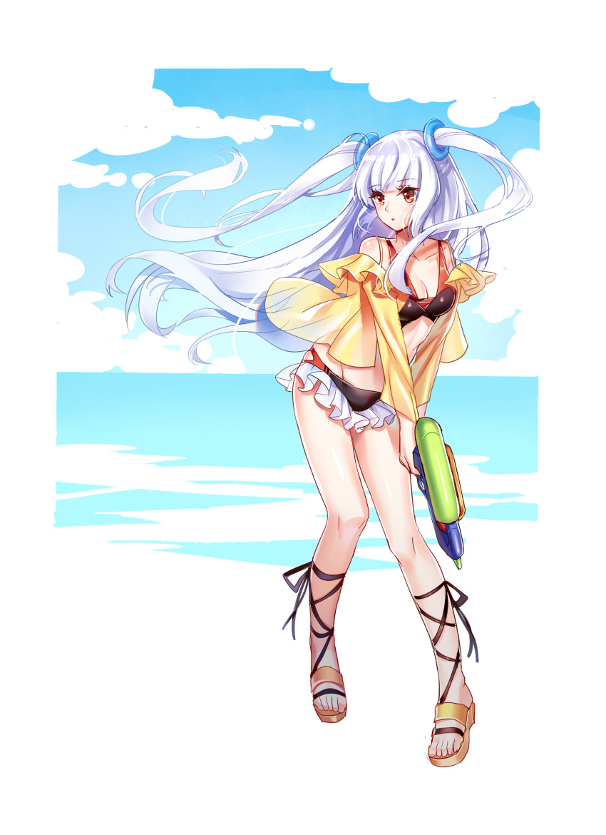 absurdres aer_(tengqiu) bare_legs bikini breasts cleavage collarbone essex_(warship_girls_r) female frilled_bikini frills hair_ornament highres long_hair looking_down medium_breasts ocean red_eyes sandals solo swimsuit two_side_up warship_girls_r water_gun white_hair wind wind_lift