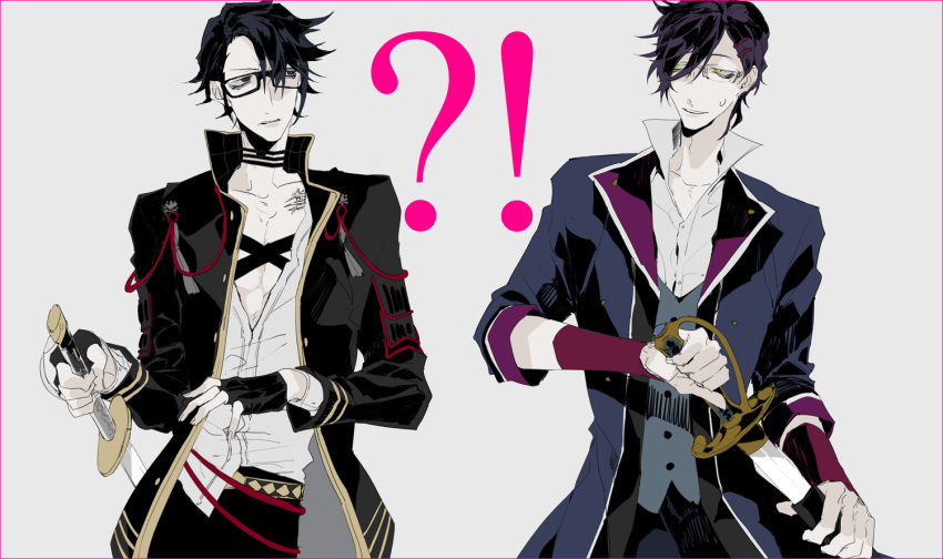 !? 2boys akashi_kuniyuki akashi_kuniyuki_(cosplay) black-framed_eyewear black_gloves black_hair cosplay costume_switch crossover frown fushimi_saruhiko fushimi_saruhiko_(cosplay) glasses gloves hair_ornament hair_over_one_eye hairclip hand_on_hilt holding holding_sword holding_weapon jacket k-project looking_at_another male_focus multiple_boys mzet open_clothes open_jacket pale_skin purple_hair scar sheath shirt short_hair sweatdrop sword tachi_(weapon) tareme touken_ranbu unsheathing untucked_shirt weapon yellow_eyes