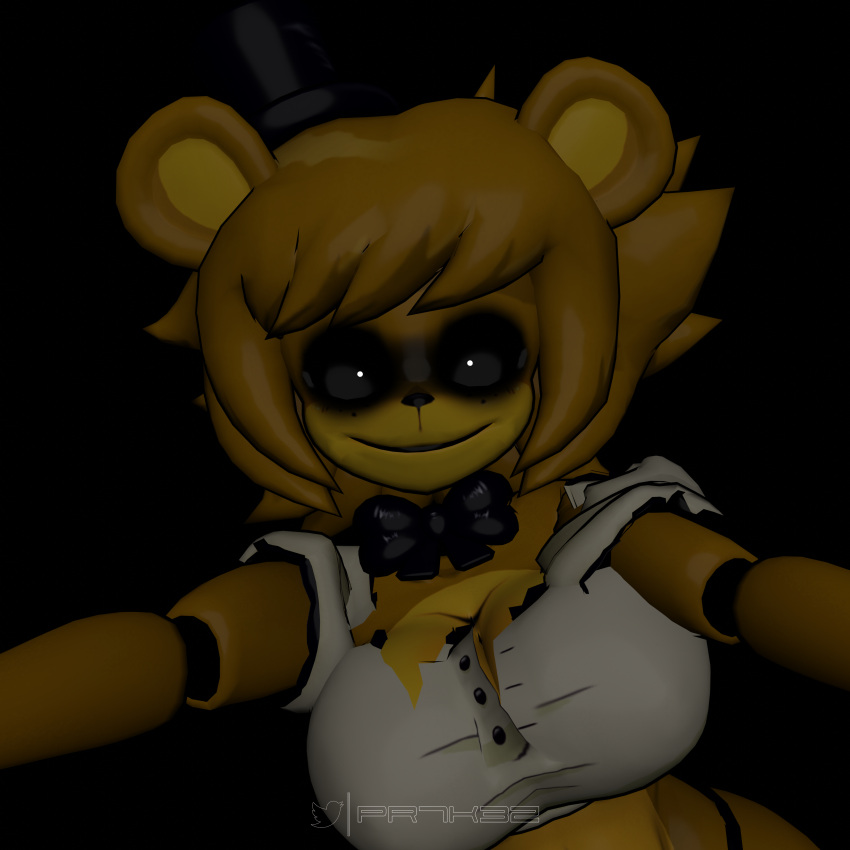 1:1 2022 3d_(artwork) absurd_res anthro bear black_bow_tie black_sclera black_top_hat blonde_hair bow_tie clothing digital_media_(artwork) female five_nights_at_freddy's floating_limbs fredina's_nightclub fur golden_freddy_(fnaf) golden_fredina_(cally3d) hair hat headgear headwear hi_res mammal pupils scottgames sheeple3d shirt small_pupils smile smiling_at_viewer solo top_hat topwear torn_clothing white_clothing white_eyes white_shirt white_topwear yellow_body yellow_fur