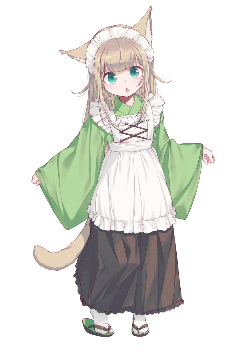 40hara animal_humanoid apron asian_clothing bottomwear cat_humanoid clothed clothing east_asian_clothing felid felid_humanoid feline feline_humanoid female footwear green_eyes hair hakama haori hi_res humanoid japanese_clothing kinako_(40hara) lolicon maid_headdress mammal mammal_humanoid open_mouth sandals simple_background socks socks_with_sandals solo tan_hair white_background young