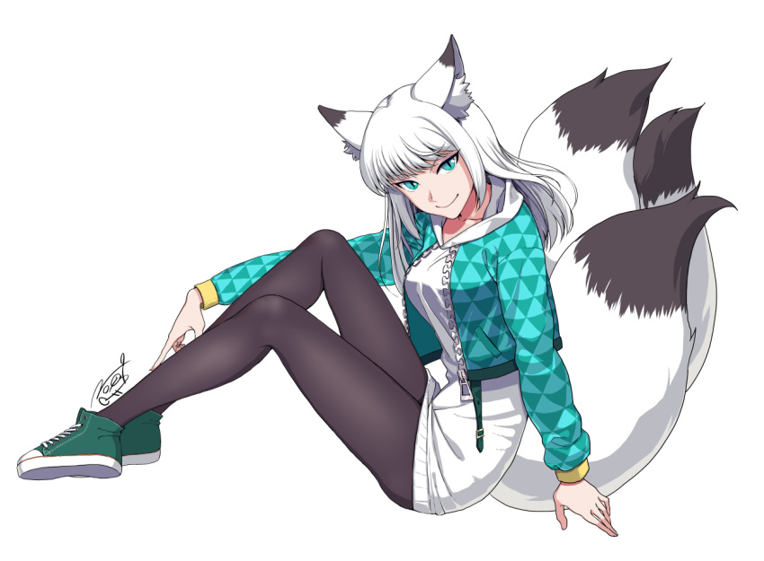 animal_ear_fluff animal_ears aqua_eyes aqua_jacket black_pantyhose female fox_ears full_body green_footwear hijinrui_gakuen hood hood_down jacket kitsune kyuubi long_sleeves looking_at_viewer multiple_tails nogi_(sakanashikatabenai) pantyhose signature sitting slit_pupils smile solo tail white_hair zipper