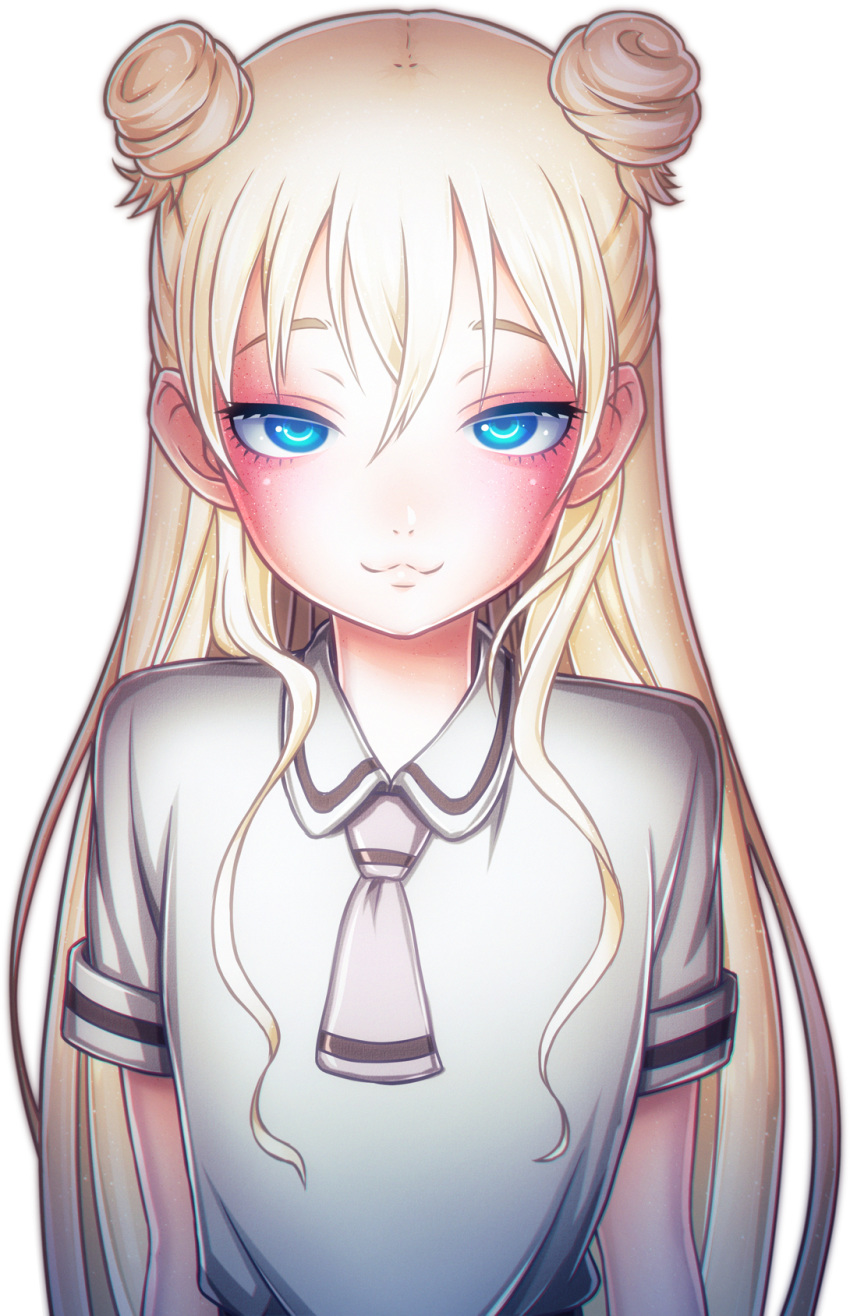 :3 arms_at_sides asobi_asobase bad_id bad_pixiv_id black_skirt blonde_hair blue_eyes blush closed_mouth collared_shirt double_bun female hair_bun highres long_hair looking_at_viewer necktie olivia_(asobi_asobase) shirt short_sleeves skirt solo tsiox white_background white_shirt wing_collar