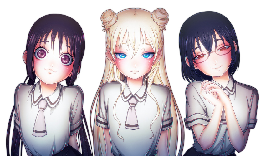 3girls :3 arms_at_sides asobi_asobase bad_id bad_pixiv_id black_hair black_skirt blonde_hair blue_eyes blush breasts brown_eyes closed_mouth collared_shirt double_bun glasses hair_bun head_tilt highres honda_hanako large_breasts long_hair looking_at_viewer low_twintails multiple_girls necktie nomura_kasumi olivia_(asobi_asobase) own_hands_together pleated_skirt purple_eyes school_uniform semi-rimless_eyewear shirt short_sleeves simple_background skirt smile tsiox twintails under-rim_eyewear white_background white_shirt wide-eyed wing_collar