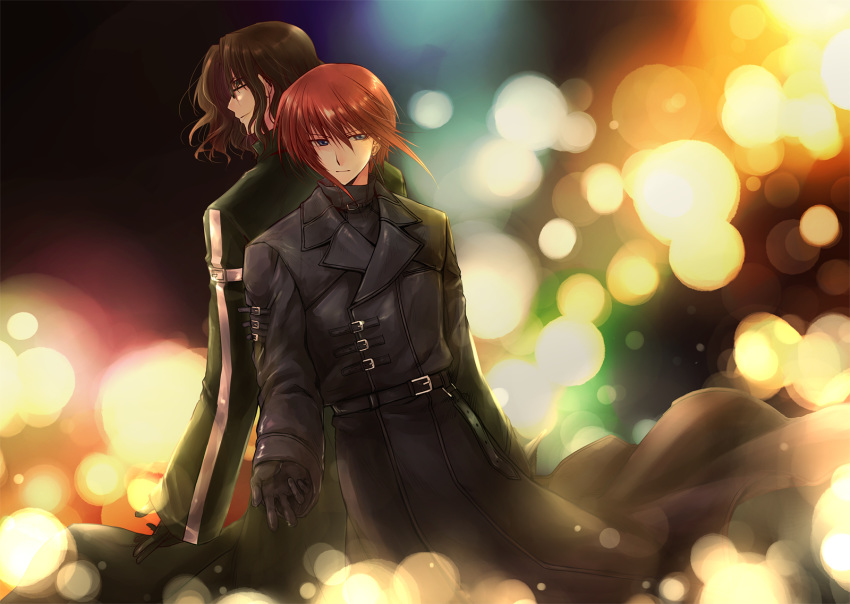 2boys back-to-back black_coat black_gloves blue_eyes blurry bokeh brown_hair coat commentary_request depth_of_field fujimiya_ran glasses gloves green_coat hair_between_eyes highres kudou_youji long_hair long_sleeves male_focus multiple_boys red_hair standing tatsuki_maki trench_coat weiss_kreuz