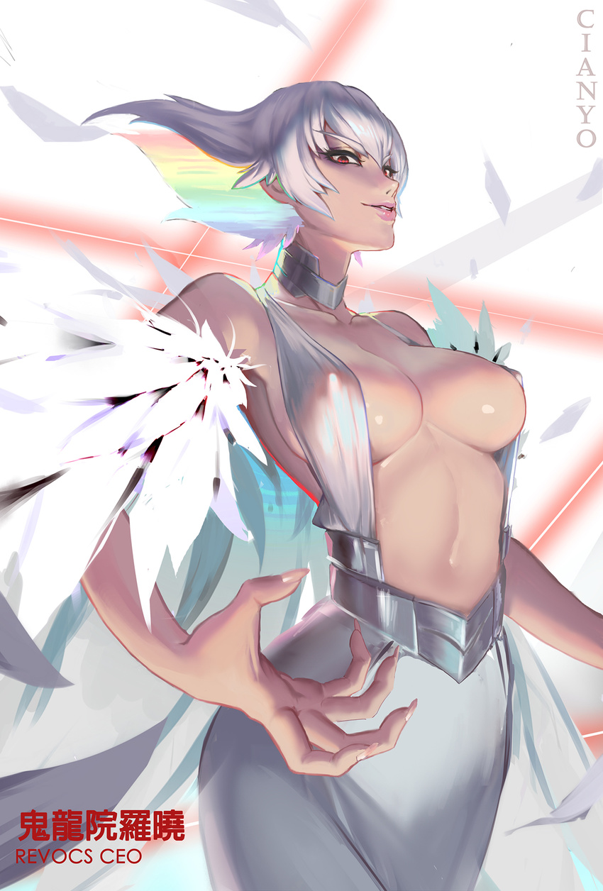 breasts choker cian_yo collarbone commentary covered_nipples feather_trim female highres kill_la_kill kiryuuin_ragyou large_breasts lips looking_at_viewer mature_female navel photoshop_(medium) red_eyes smirk solo