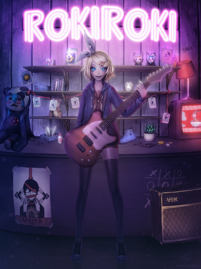 >_< :3 absurdres akaito_(vocaloid) amplifier artist_name bad_id bad_pixiv_id balleriko_(vocaloid) black_footwear black_thighhighs blue_eyes blush_stickers book bottle bowl creator_connection cross-laced_footwear earbuds earphones electric_guitar english_text female fender_telecaster food green_ponpoko_(module) guitar hatsune_miku highres hood hoodie instrument jar kagamine_rin kamaboko kunoichi_demo_koi_ga_shitai_(vocaloid) lamp long_sleeves narutomaki neon_lights noodles open_clothes open_hoodie orange_konkon_(module) parted_lips plant plectrum poster_(object) potted_plant ramen roki_(vocaloid) rubik's_cube sarishi_no_hara_(vocaloid) shelf shoes shorts sign signature solo songover sparkle standing stuffed_animal stuffed_toy teddy_bear television thighhighs tissue tissue_box tongue tongue_out tsiox vocaloid x_x yi_er_fan_club_(vocaloid)